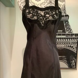 Black Satiny Negligee With Lovely Lace Trim, Sz L